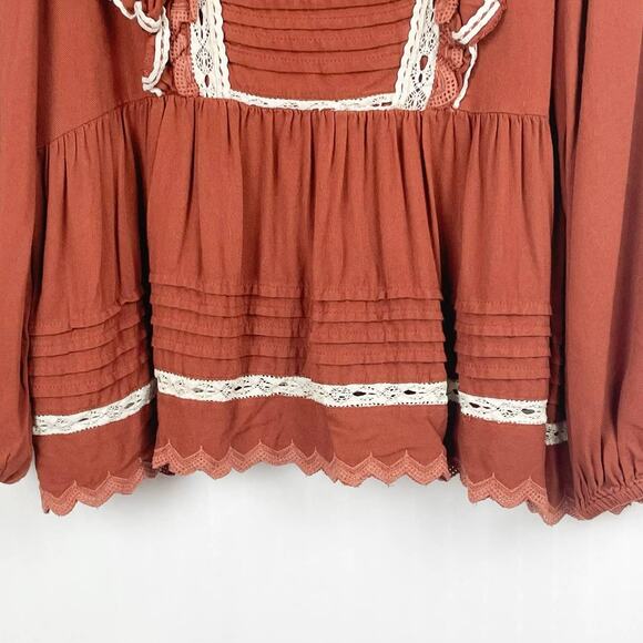 Bohme Peasant Top Size S Burnt Orange Ruffled Knit Lace Trim Cottagecore Boho - Picture 5 of 13